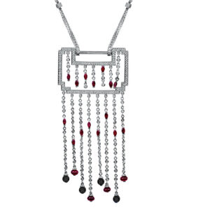 white gold dangle necklace with diamonds, rubies, and onyx