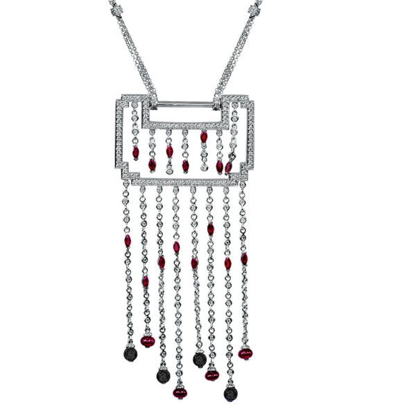 white gold dangle necklace with diamonds, rubies, and onyx
