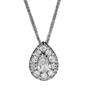 white gold pear pendant set with a pear and surrounded by round diamonds