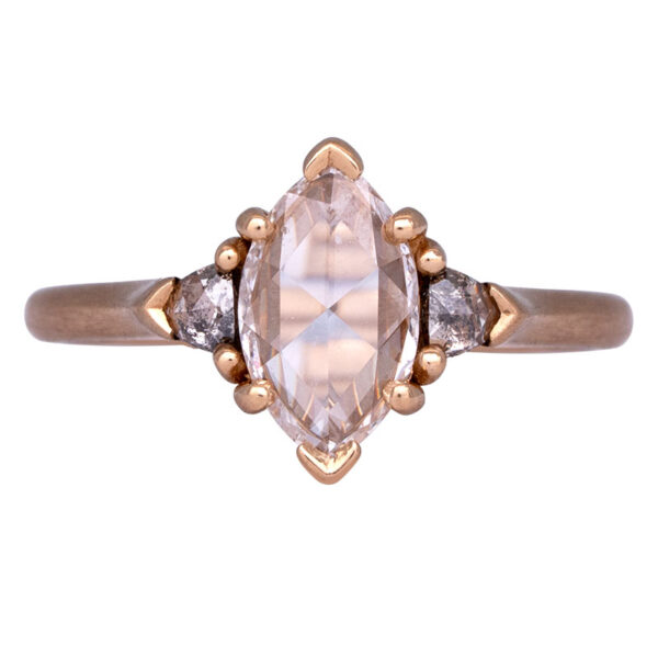 yellow gold 3-stone engagement ring set with marquise and trillion rose cut diamonds
