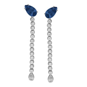 white gold dangle earrings set with pear blue sapphire and round brilliant diamonds