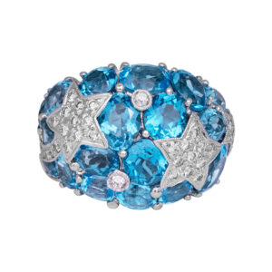 white gold star ring set with round and oval blue topaz and round brilliant diamonds