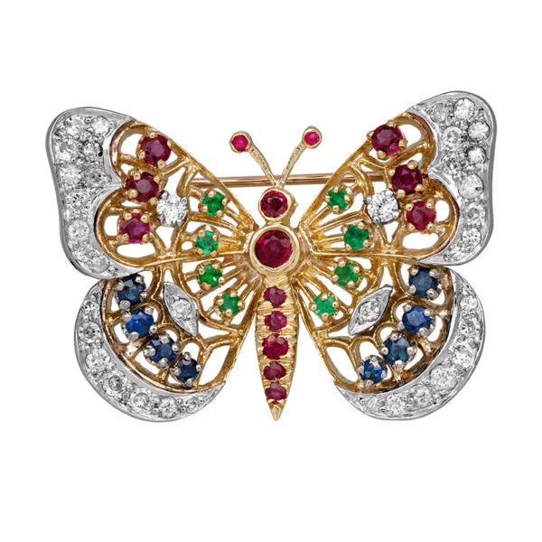 yellow gold butterfly brooch set with diamonds, emeralds, rubies, and sapphires
