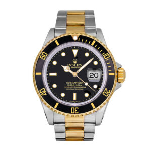 steel and yellow gold rolex with a black dial and black bezel