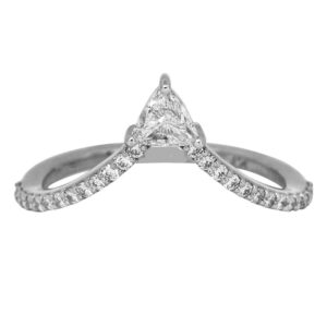 white gold curbed band set with a triangle diamond and round diamonds in the band
