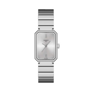stainless steel emerald cut shape watch with a silver dial