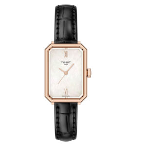 yellow gold PVD watch, emerald shaped, with a black leather strap and mother of pearl dial