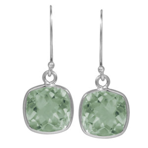 white gold drop earrings set with cushion cut prasiolite