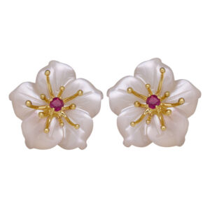 mother-of-pearl carved flower earrings with small round rubies set in the center