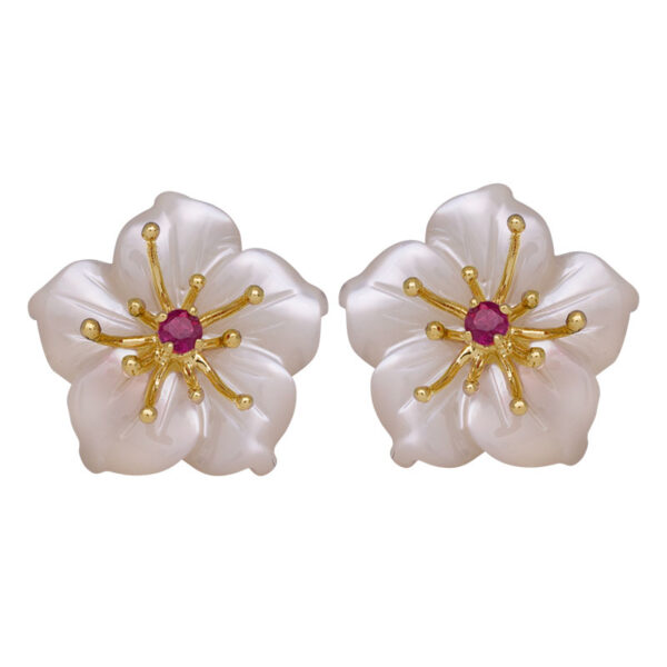 mother-of-pearl carved flower earrings with small round rubies set in the center