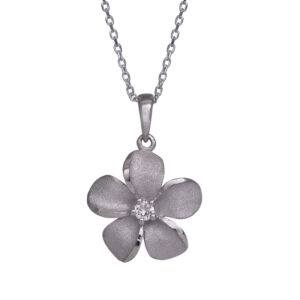 sterling silver plumeria pendant set with a small round white sapphire
