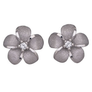 sterling silver plumeria earrings set with small round white sapphires