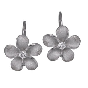 sterling silver plumeria earrings set with round white sapphires
