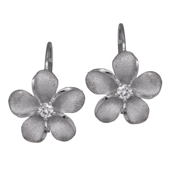 sterling silver plumeria earrings set with round white sapphires