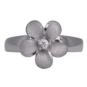 sterling silver plumeria ring set with a small round white sapphire