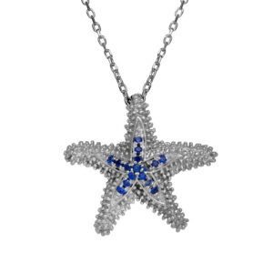 sterling silver starfish pendant set with small round blue sapphires