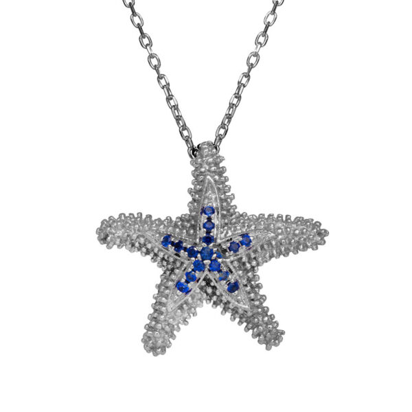 sterling silver starfish pendant set with small round blue sapphires