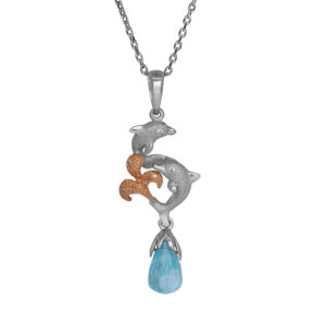 dancing dolphins pendant set with two small round diamonds and a blue apatite briolette