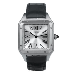 stainless steel Cartier Santos with a white dial and navy blue leather strap