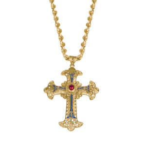 yellow gold cross pendant with red and blue enamel