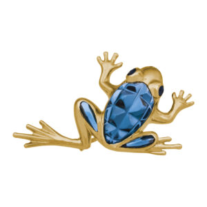 yellow gold frog brooch set with london blue topaz