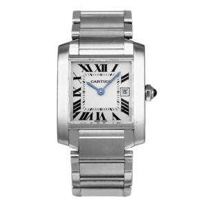stainless steel Cartier with a white dial, square case, black roman numerals