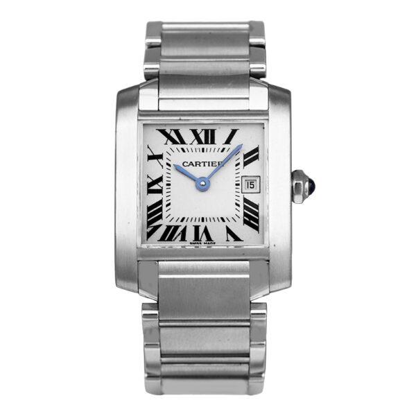 stainless steel Cartier with a white dial, square case, black roman numerals