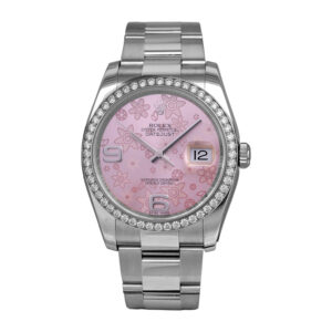 stainless steel Rolex with a pink floral dial and diamond bezel