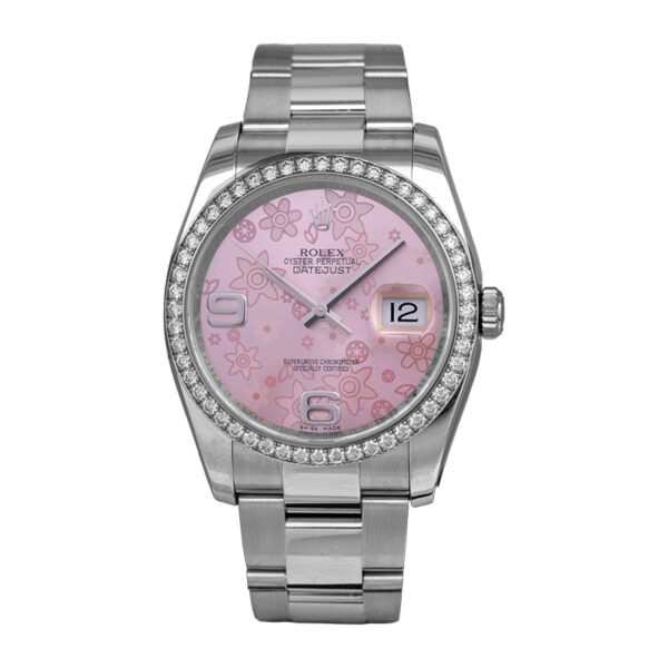 stainless steel Rolex with a pink floral dial and diamond bezel