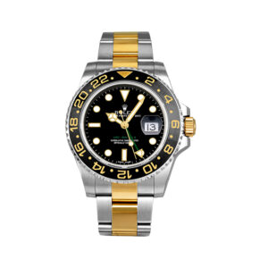 stainless steel and yellow gold Rolex with a black dial and black ceramic bezel