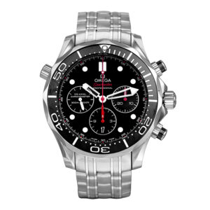 stainless steel chronograph watch with a black dial and bezel