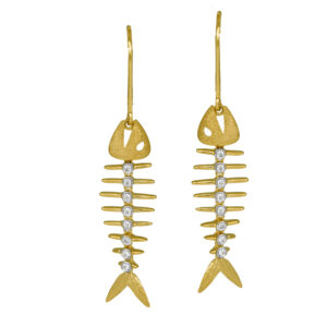 yellow gold fish bone earrings set with small diamonds along the spines