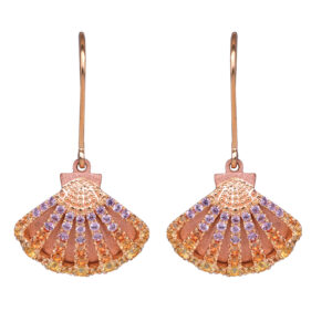 yellow and rose gold shell earrings set with orange, pink, and yellow sapphires