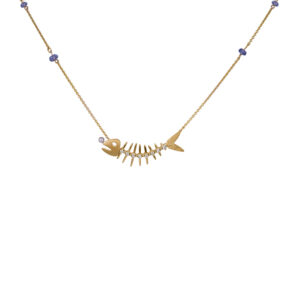 yellow gold fish bone pendant with small diamonds, set on a chain with small tanzanite beads