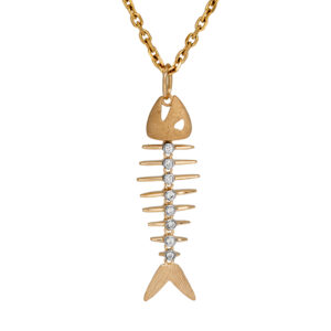 white and yellow gold fish bone pendant set with 8 small diamonds