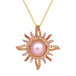 yellow gold sunburst pendant set with a peach colored pearl surrounded by orange, pink, and yellow sapphires