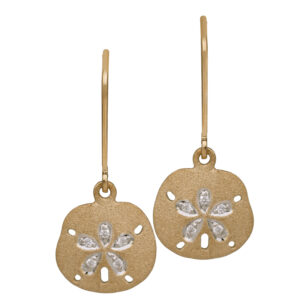 yellow gold sand dollar drop earrings set with diamonds in the center