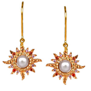 sunburst earrings centered with pearls surrounded by multicolor sapphires