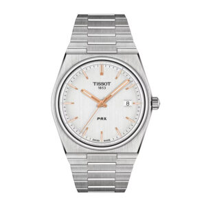 stainless steel watch with a white dial and gold index markers