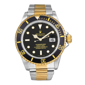 stainless steel and yellow gold rolex with black dial and bezel, white markers