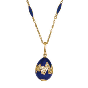 Feberge egg pendant in yellow gold with blue enamel