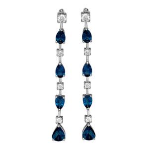 white gold dangle earrings set with pear blue sapphires & round white diamonds