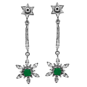 white gold dangle earrings set with round emeralds and round white diamonds
