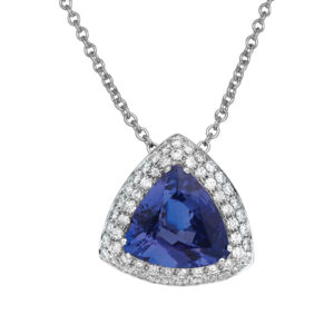 white gold pendant centered with a trillion tanzanite surrounded by a round brilliant diamond double halo