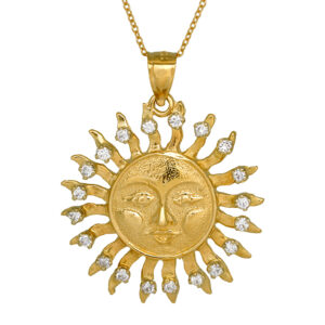 yellow gold sunburst pendant set with round brilliant diamonds in the sun rays