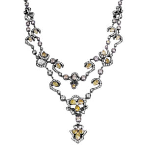 white gold and black rhodium diamond dangle necklace with multiple cuts of pear, marquise, and round brilliant diamonds