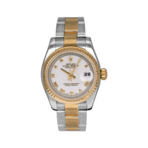 stainless and yellow gold rolex with a white dial and gold fluted bezel