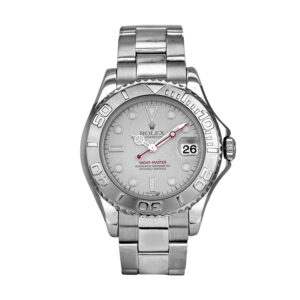 stainless steel rolex with a platinum dial and bezel