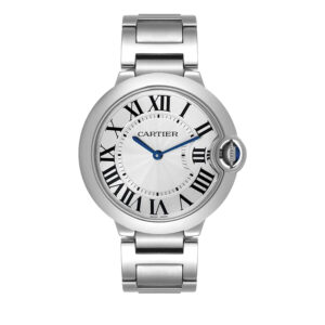 stainless steel Cartier watch with a silver dial