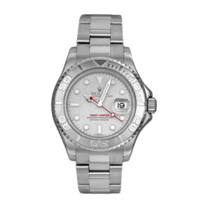 stainless steel rolex with platinum dial and bezel, white markers